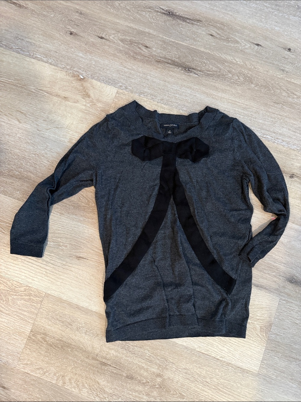 Banana Republic Charcoal Gray Crewneck Sweater with Black Bow Trim